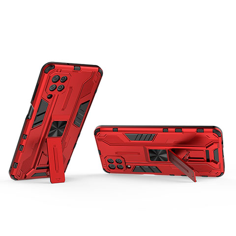 Custodia Silicone e Plastica Opaca Cover con Magnetico Supporto T01 per Samsung Galaxy F12 Rosso