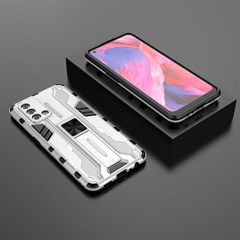 Custodia Silicone e Plastica Opaca Cover con Magnetico Supporto T02 per Oppo A74 4G Bianco