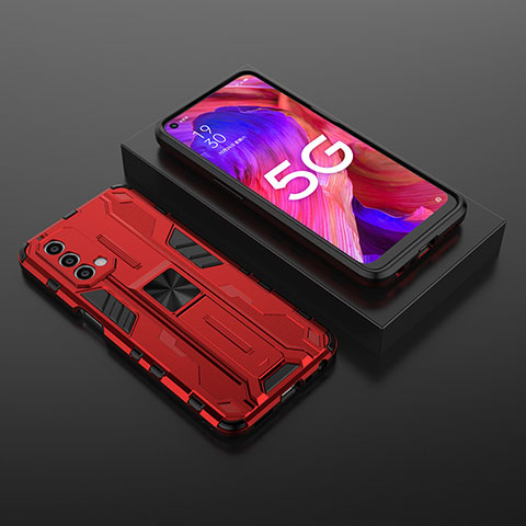 Custodia Silicone e Plastica Opaca Cover con Magnetico Supporto T02 per Oppo A74 5G Rosso