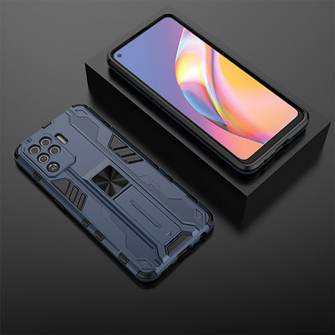 Custodia Silicone e Plastica Opaca Cover con Magnetico Supporto T02 per Oppo F19 Pro Blu