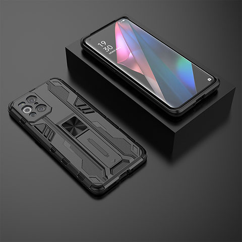 Custodia Silicone e Plastica Opaca Cover con Magnetico Supporto T02 per Oppo Find X3 Pro 5G Nero