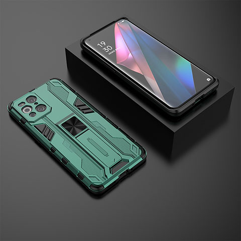 Custodia Silicone e Plastica Opaca Cover con Magnetico Supporto T02 per Oppo Find X3 Pro 5G Verde