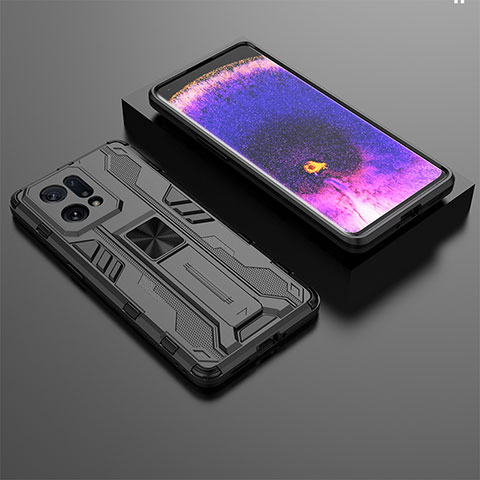 Custodia Silicone e Plastica Opaca Cover con Magnetico Supporto T02 per Oppo Find X5 5G Nero