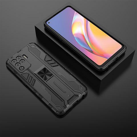 Custodia Silicone e Plastica Opaca Cover con Magnetico Supporto T02 per Oppo Reno5 F Nero