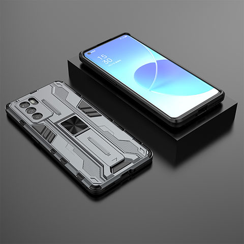 Custodia Silicone e Plastica Opaca Cover con Magnetico Supporto T02 per Oppo Reno6 Pro 5G India Grigio