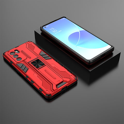 Custodia Silicone e Plastica Opaca Cover con Magnetico Supporto T02 per Oppo Reno6 Pro 5G India Rosso