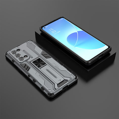 Custodia Silicone e Plastica Opaca Cover con Magnetico Supporto T02 per Oppo Reno6 Pro+ Plus 5G Grigio