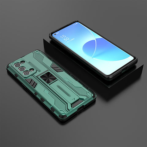 Custodia Silicone e Plastica Opaca Cover con Magnetico Supporto T02 per Oppo Reno6 Pro+ Plus 5G Verde