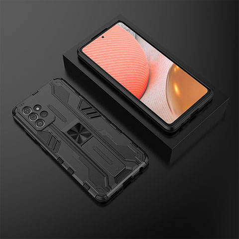 Custodia Silicone e Plastica Opaca Cover con Magnetico Supporto T02 per Samsung Galaxy A72 4G Nero