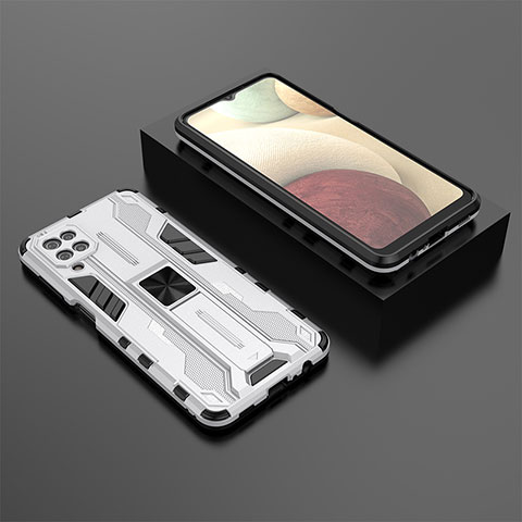 Custodia Silicone e Plastica Opaca Cover con Magnetico Supporto T02 per Samsung Galaxy F12 Bianco