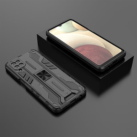 Custodia Silicone e Plastica Opaca Cover con Magnetico Supporto T02 per Samsung Galaxy F12 Nero