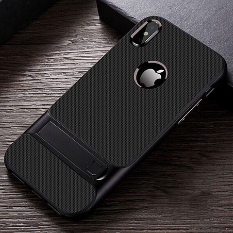 Custodia Silicone e Plastica Opaca Cover con Supporto A01 per Apple iPhone X Nero