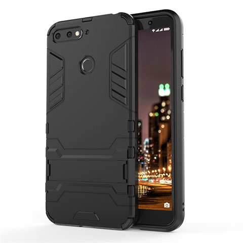 Custodia Silicone e Plastica Opaca Cover con Supporto A01 per Huawei Y6 (2018) Nero