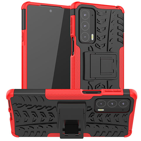 Custodia Silicone e Plastica Opaca Cover con Supporto A01 per Motorola Moto Edge 20 5G Rosso