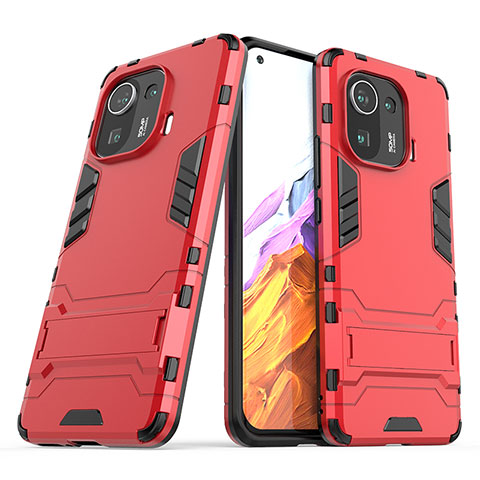 Custodia Silicone e Plastica Opaca Cover con Supporto A01 per Xiaomi Mi 11 Pro 5G Rosso