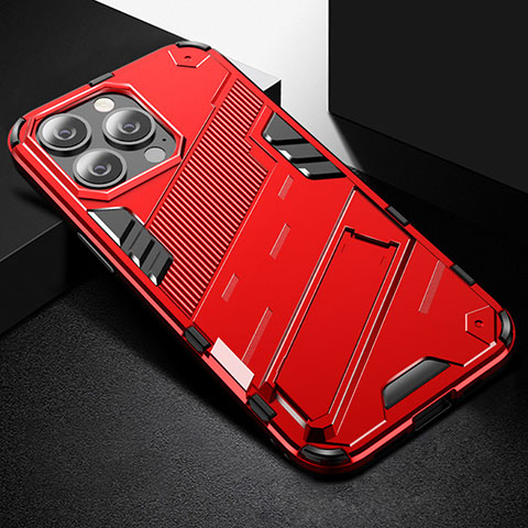 Custodia Silicone e Plastica Opaca Cover con Supporto A05 per Apple iPhone 14 Pro Max Rosso