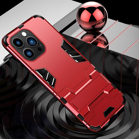 Custodia Silicone e Plastica Opaca Cover con Supporto A06 per Apple iPhone 14 Pro Max Rosso