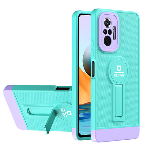 Custodia Silicone e Plastica Opaca Cover con Supporto H01P per Xiaomi Redmi Note 10 Pro Max Ciano