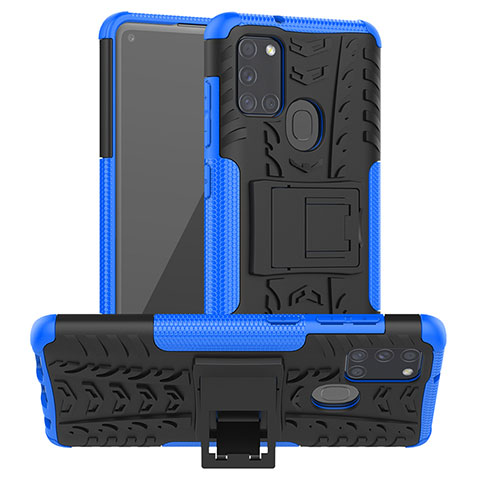 Custodia Silicone e Plastica Opaca Cover con Supporto J01X per Samsung Galaxy A21s Blu