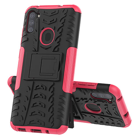 Custodia Silicone e Plastica Opaca Cover con Supporto J01X per Samsung Galaxy M11 Rosa Caldo