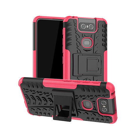 Custodia Silicone e Plastica Opaca Cover con Supporto JX1 per Asus Zenfone 6 ZS630KL Rosa Caldo