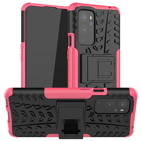 Custodia Silicone e Plastica Opaca Cover con Supporto JX1 per OnePlus 9 Pro 5G Rosa Caldo