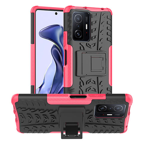 Custodia Silicone e Plastica Opaca Cover con Supporto JX1 per Xiaomi Mi 11T 5G Rosa Caldo