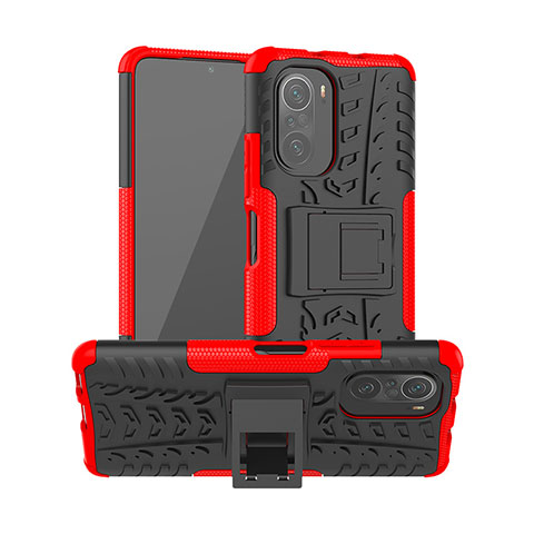 Custodia Silicone e Plastica Opaca Cover con Supporto JX1 per Xiaomi Redmi K40 5G Rosso