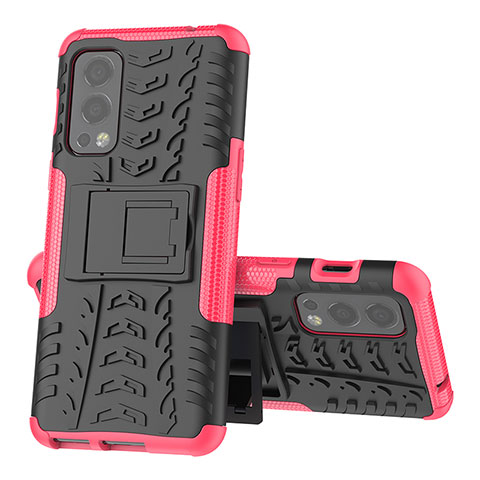 Custodia Silicone e Plastica Opaca Cover con Supporto JX2 per OnePlus Nord 2 5G Rosa Caldo