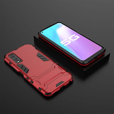 Custodia Silicone e Plastica Opaca Cover con Supporto KC2 per Vivo Y70S 5G Rosso