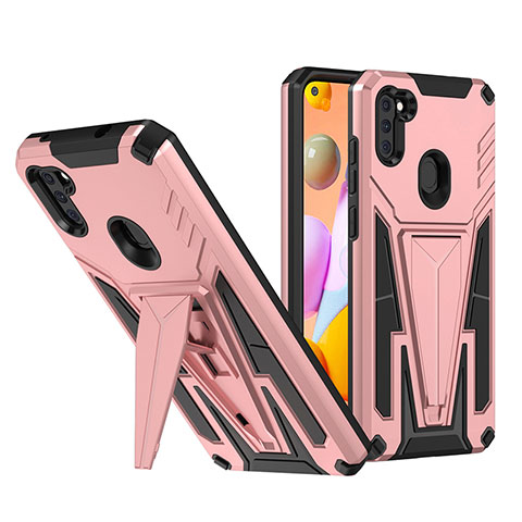 Custodia Silicone e Plastica Opaca Cover con Supporto MQ1 per Samsung Galaxy A11 Oro Rosa