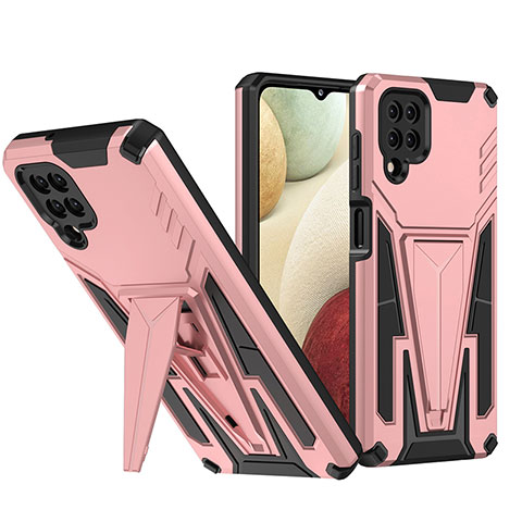 Custodia Silicone e Plastica Opaca Cover con Supporto MQ1 per Samsung Galaxy A12 Oro Rosa