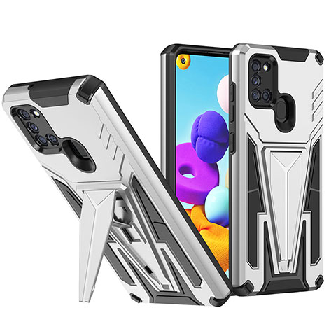 Custodia Silicone e Plastica Opaca Cover con Supporto MQ1 per Samsung Galaxy A21 Argento