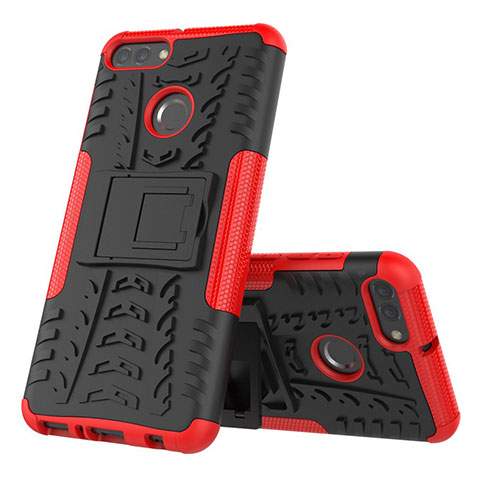 Custodia Silicone e Plastica Opaca Cover con Supporto per Huawei Y9 (2018) Rosso