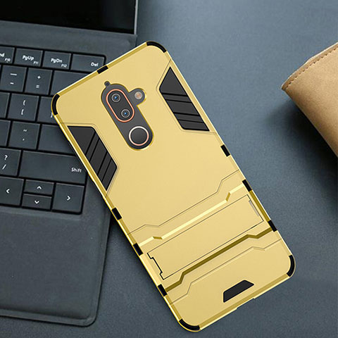 Custodia Silicone e Plastica Opaca Cover con Supporto per Nokia 7 Plus Oro