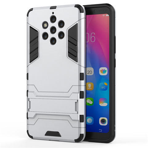 Custodia Silicone e Plastica Opaca Cover con Supporto per Nokia 9 PureView Bianco