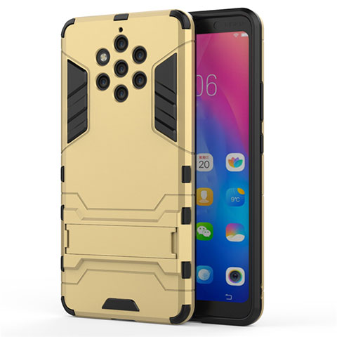 Custodia Silicone e Plastica Opaca Cover con Supporto per Nokia 9 PureView Oro