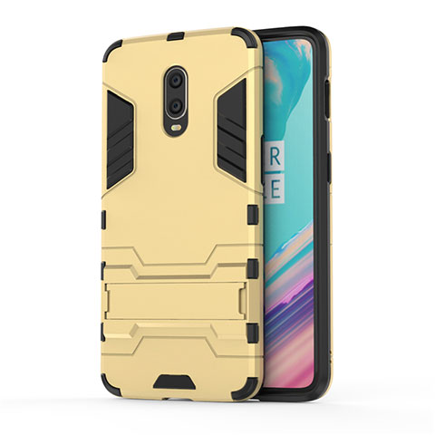 Custodia Silicone e Plastica Opaca Cover con Supporto per OnePlus 7 Oro