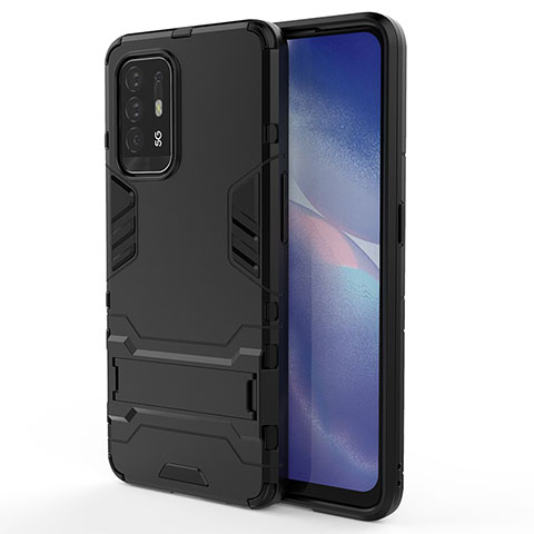 Custodia Silicone e Plastica Opaca Cover con Supporto per Oppo F19 Pro+ Plus 5G Nero