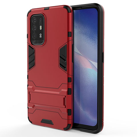 Custodia Silicone e Plastica Opaca Cover con Supporto per Oppo F19 Pro+ Plus 5G Rosso