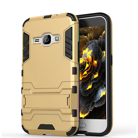 Custodia Silicone e Plastica Opaca Cover con Supporto per Samsung Galaxy J1 (2016) J120F Oro