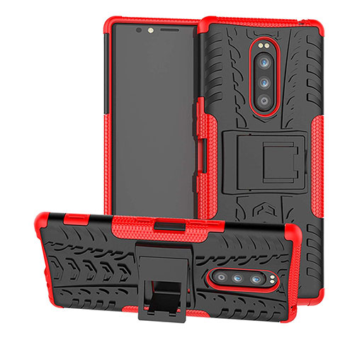 Custodia Silicone e Plastica Opaca Cover con Supporto per Sony Xperia 1 Rosso