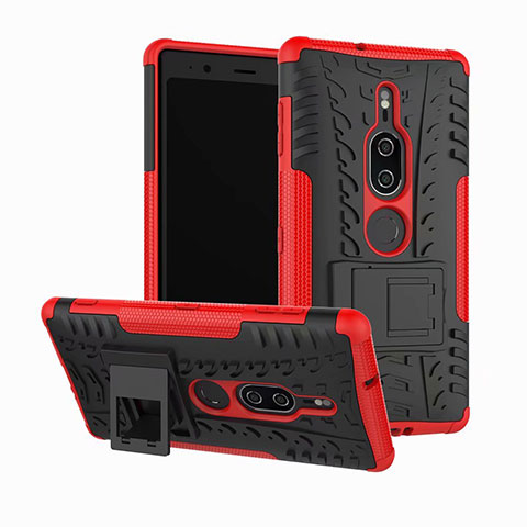 Custodia Silicone e Plastica Opaca Cover con Supporto per Sony Xperia XZ2 Premium Rosso