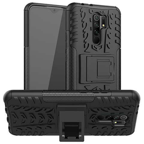 Custodia Silicone e Plastica Opaca Cover con Supporto per Xiaomi Redmi 9 Nero