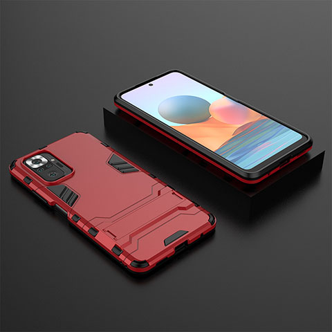 Custodia Silicone e Plastica Opaca Cover con Supporto per Xiaomi Redmi Note 10 Pro Max Rosso