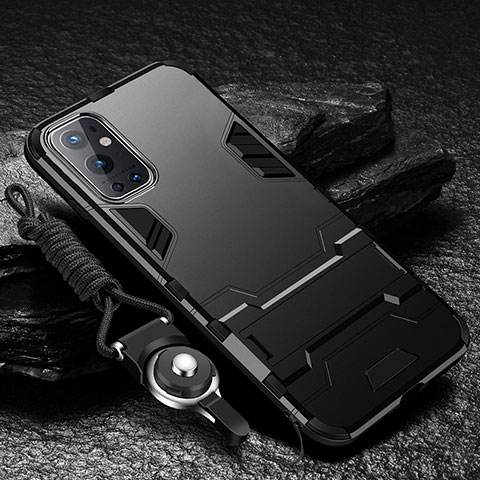 Custodia Silicone e Plastica Opaca Cover con Supporto R01 per OnePlus 9 Pro 5G Nero