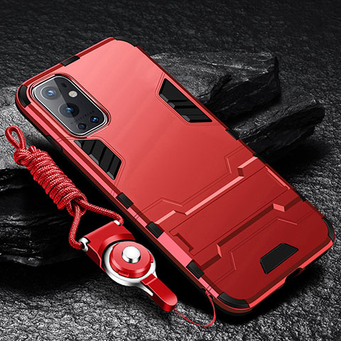 Custodia Silicone e Plastica Opaca Cover con Supporto R01 per OnePlus 9 Pro 5G Rosso