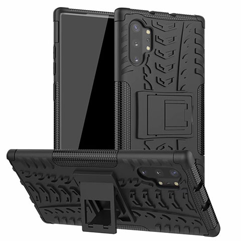 Custodia Silicone e Plastica Opaca Cover con Supporto R01 per Samsung Galaxy Note 10 Plus 5G Nero