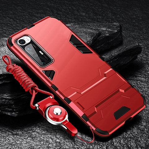 Custodia Silicone e Plastica Opaca Cover con Supporto R01 per Xiaomi Mi 10S 5G Rosso