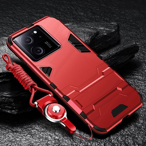 Custodia Silicone e Plastica Opaca Cover con Supporto R01 per Xiaomi Mi 13T 5G Rosso